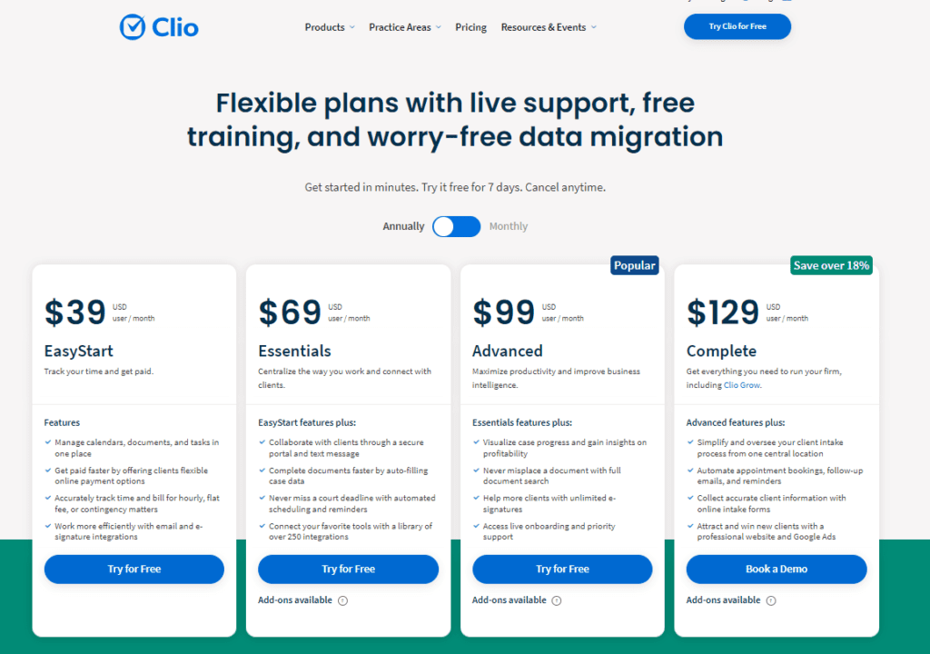 Clio Pricing plan 