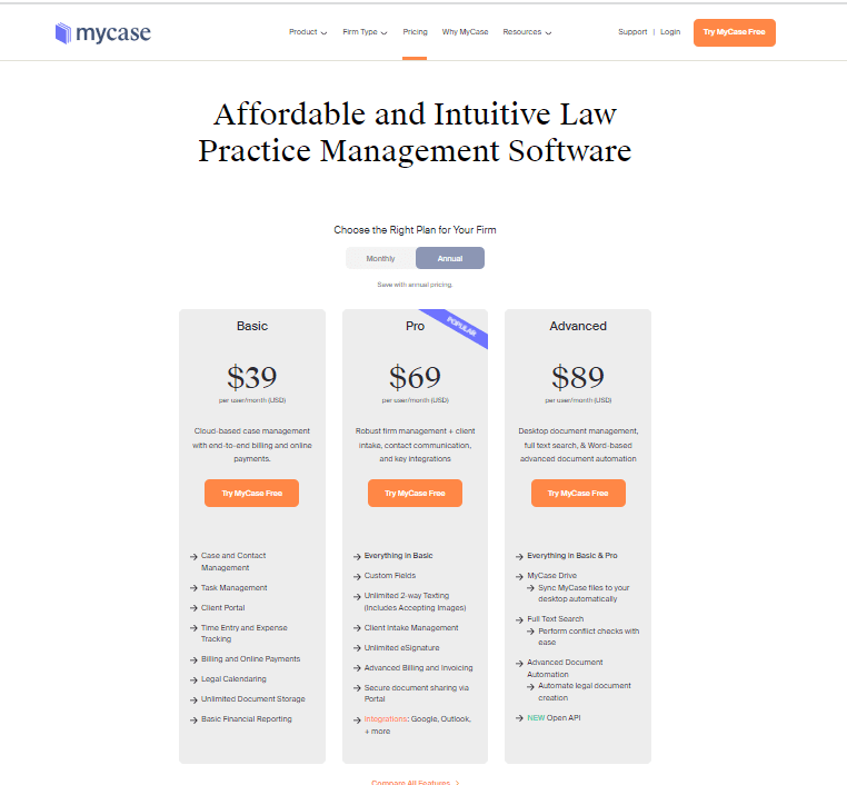 Mycase pricing plan 
