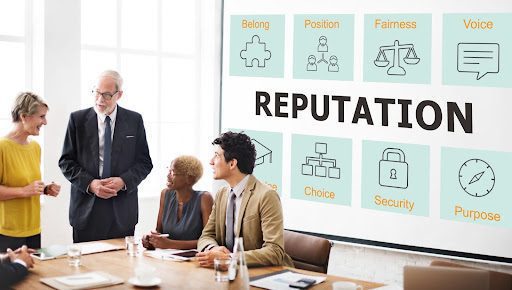Law firm professionals discussing reputation management and community engagement strategies