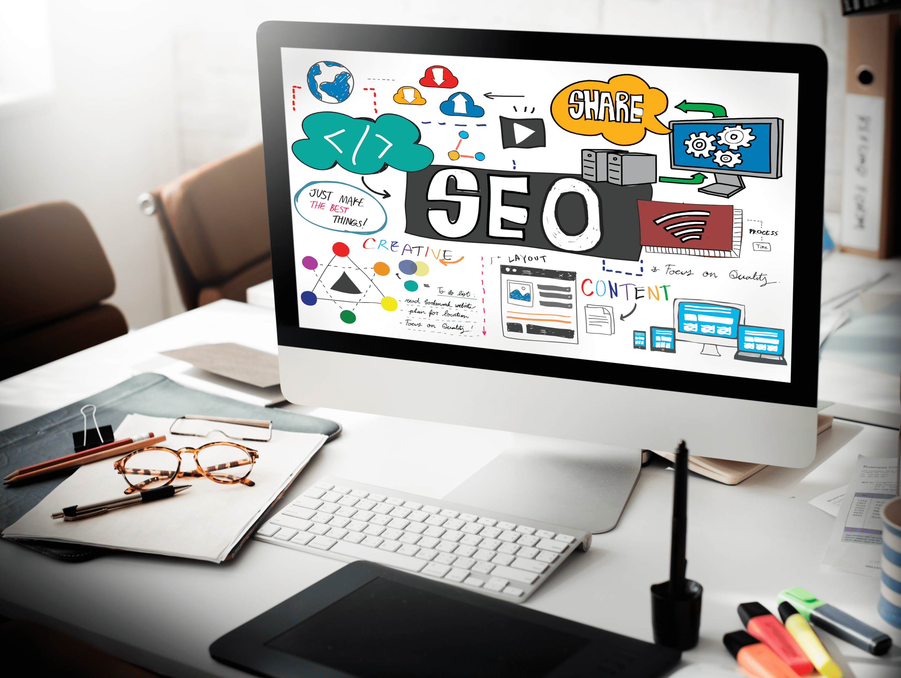 Law firm SEO strategy visualization on a computer screen, emphasizing content quality and sharing.