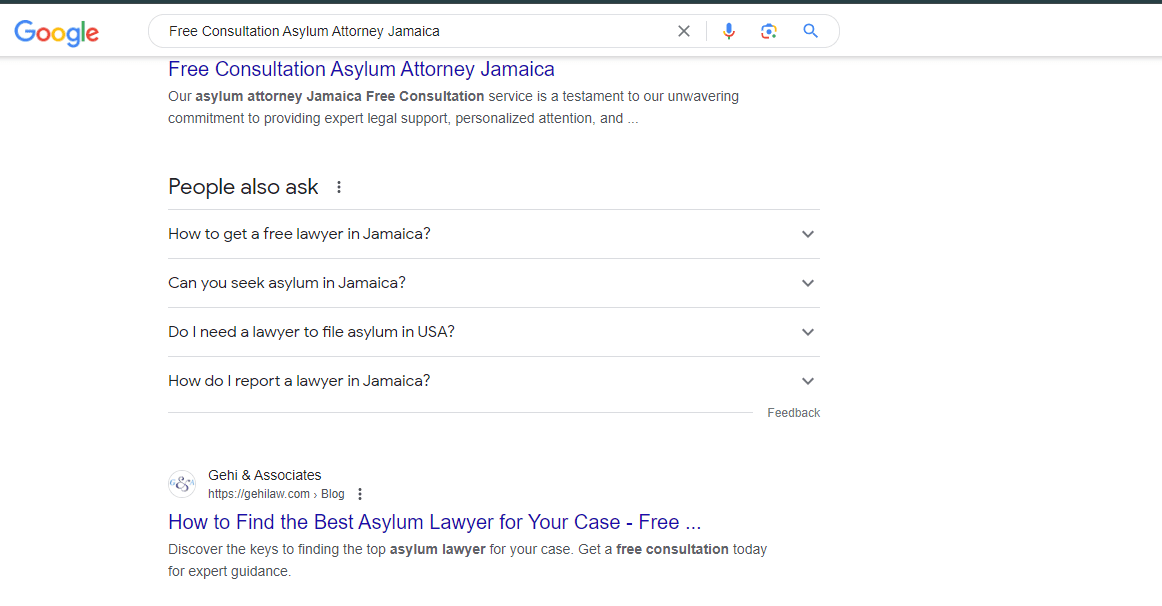 Google search result for Gehi & Associates offering Free Consultation Asylum Attorney Jamaica"