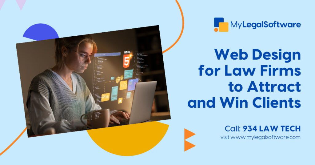 A woman working on a laptop with web development code on the screen, in an ad for MyLegalSoftware's web design services for law firms with a call to action