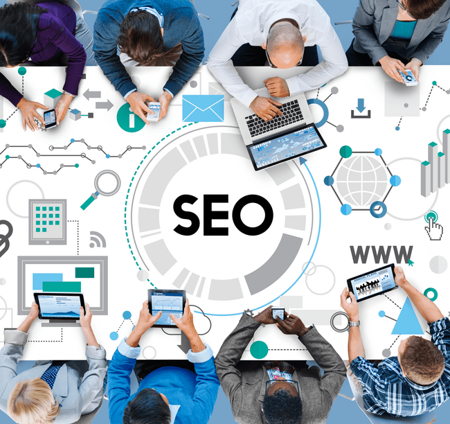 A diverse team of professionals working on various devices with a central focus on the term "SEO," surrounded by graphics and charts related to digital marketing.
