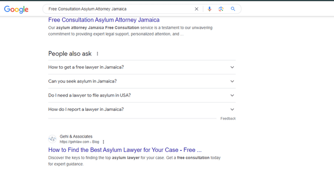  A Google search results page for "Free Consultation Asylum Attorney Jamaica," showing a featured snippet and related questions.