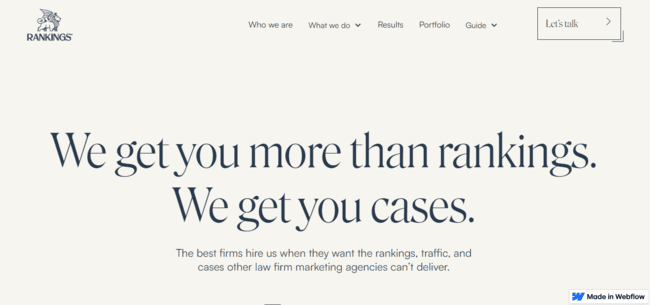 A webpage from Rankings.io with the text "We get you more than rankings. We get you cases."