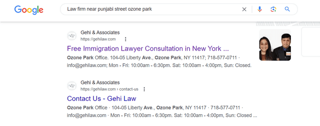 A Google search results page for "Law firm near Punjabi street Ozone Park," showing results from Gehi & Associates for "Free Immigration Lawyer Consultation in New York" and "Contact Us."