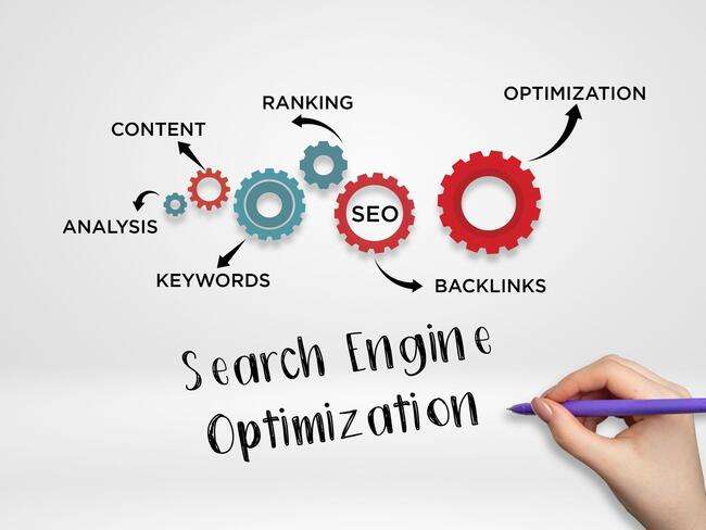 A graphic of interconnected gears labeled with SEO-related terms such as content, analysis, keywords, ranking, backlinks, and optimization, with the text "Search Engine Optimization."