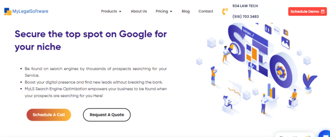 A webpage from MyLegalSoftware promoting SEO services with text "Secure the top spot on Google for your niche" and related graphics.
