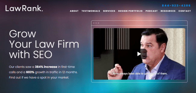 A webpage from LawRank promoting SEO services with a video thumbnail and text "Grow Your Law Firm with SEO."