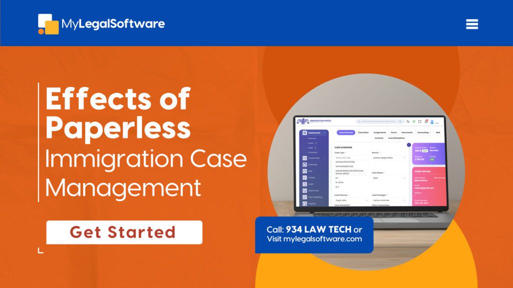 Digital interface of a paperless immigration case management system displayed on a laptop.