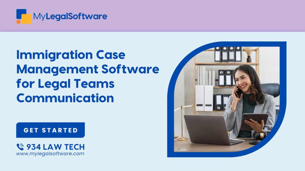 A professional woman in a law office talking on the phone, using Immigration Case Management Software on her laptop to optimize team communication