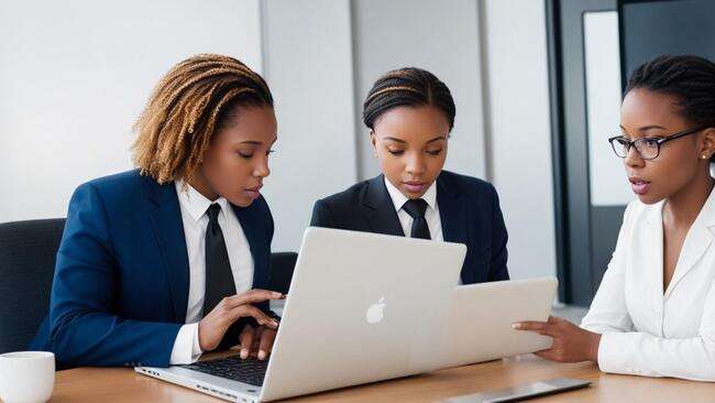 Three women in professional attire working on laptops."