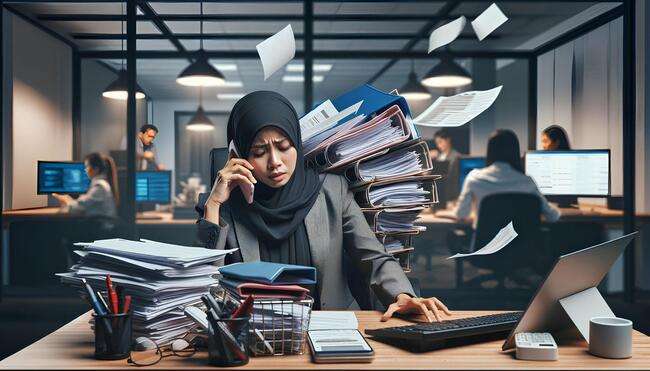 Stressed professional at her desk with piles of files and paperwork