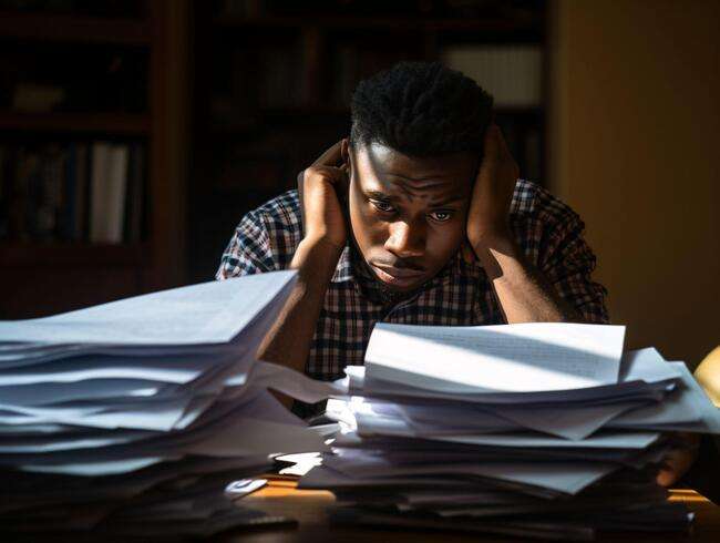 Overwhelmed man with stacks of documents on his desk.