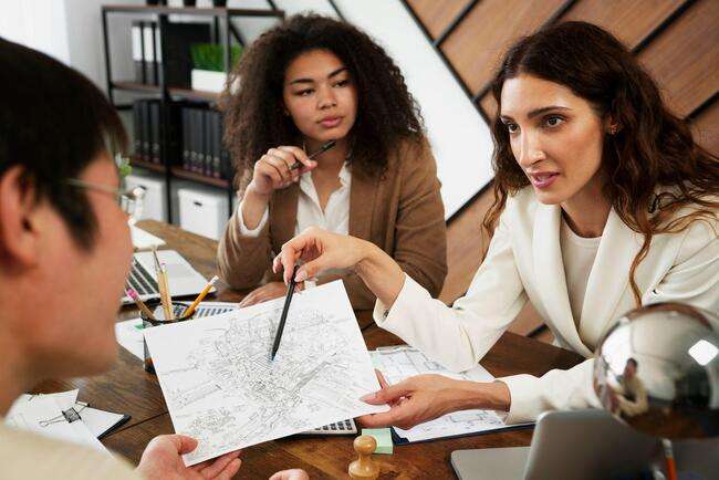 Group of professionals discussing a document in a meeting
