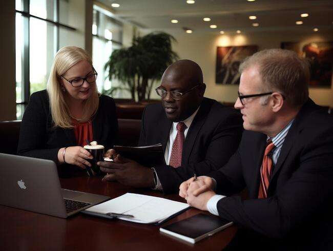 Three professionals reviewing information on a laptop.
