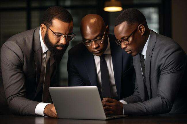 Professionals in a serious discussion over a laptop in a formal setting
