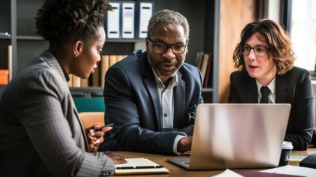 Three legal professionals engaged in a discussion around a laptop, focusing on case details and collaboration.