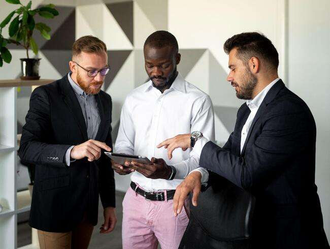 Three legal professionals in an office, collaborating and discussing information on a tablet.