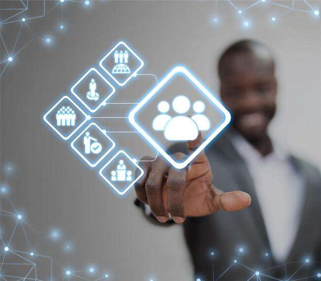 Man interacting with virtual icons representing various business and legal processes.