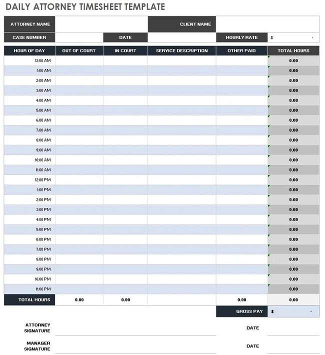 A daily attorney timesheet template showing hourly slots and sections for different tasks and total hours.