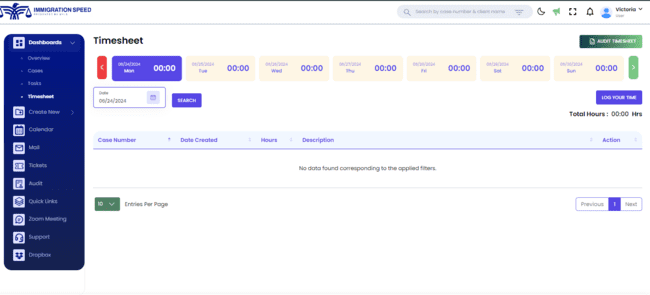 A digital timesheet interface from Immigration Speed showing different days and time slots with options to log time.
