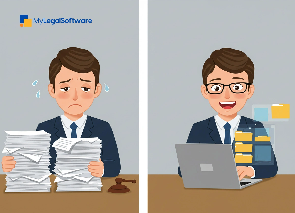 Modern legal software streamlining document management for law firms in 2025.