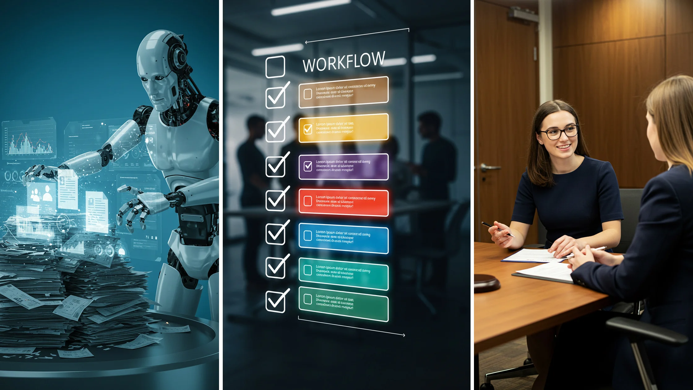 Paralegals collaborate with AI technology for enhanced legal support efficiency.