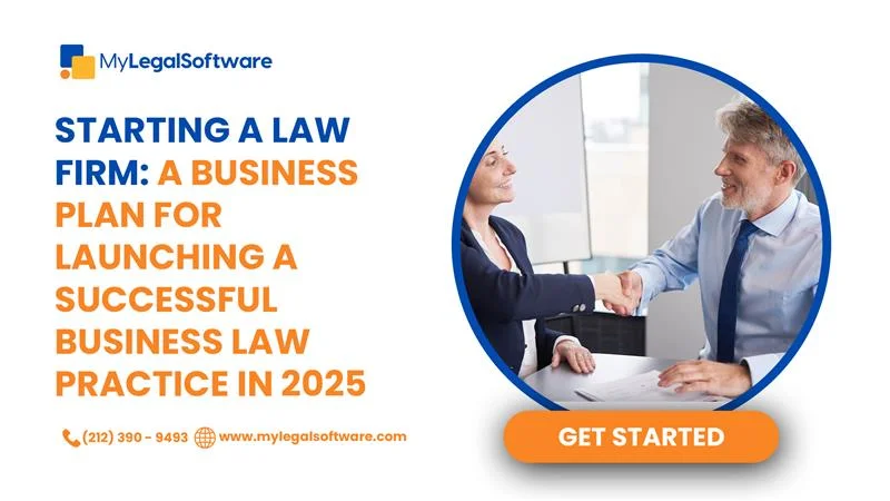 Illustration of an attorney starting a law firm business with a laptop, legal books, and planning charts.